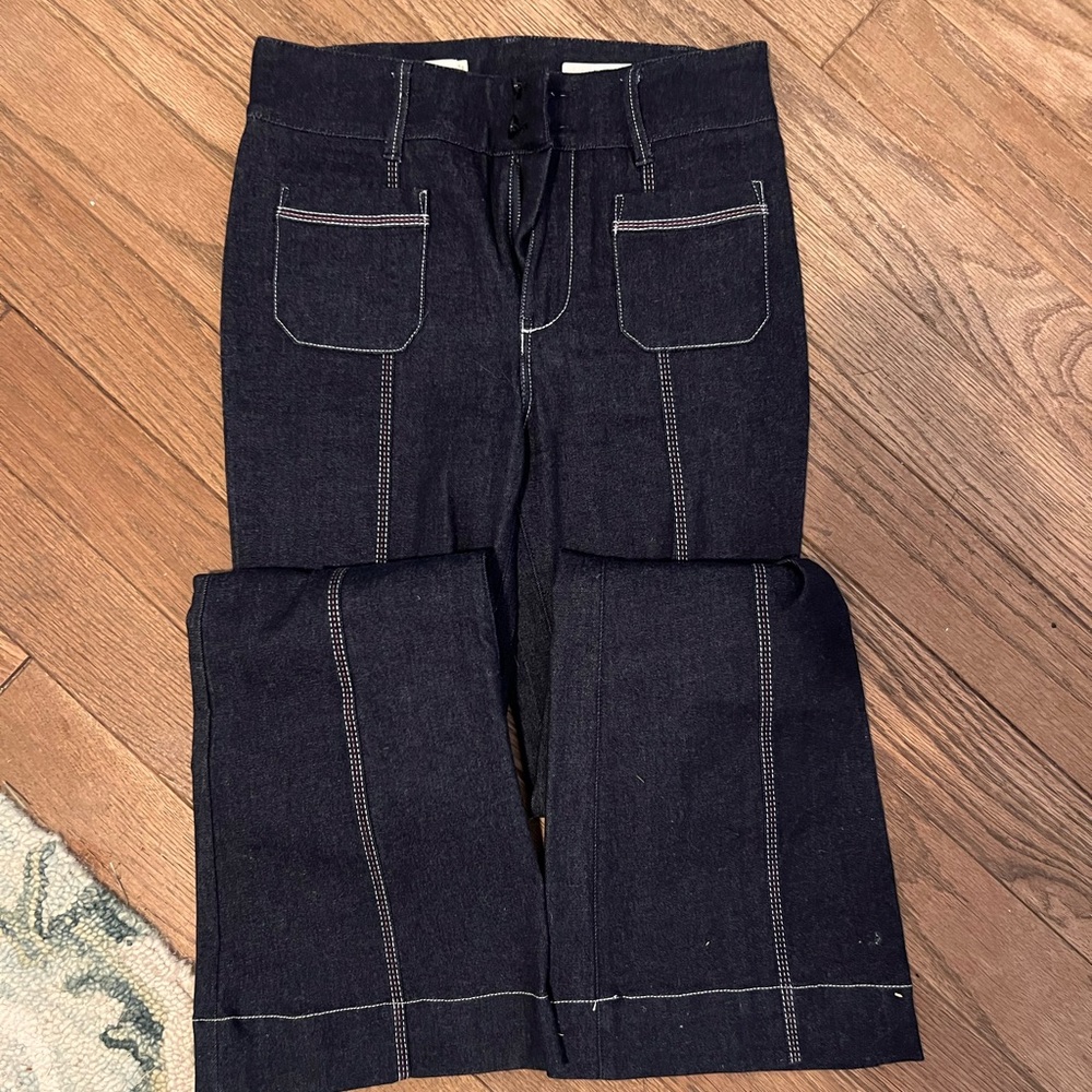 Pilcro and the Letterpress Dark Denim Stitched Flare Leg Jeans